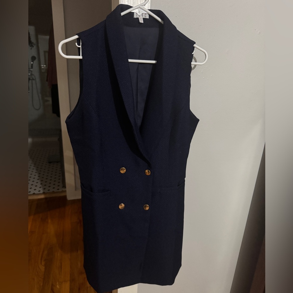 Navy Sleeveless Dress with Gold Buttons